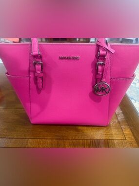 Michael Kors Neon Pink Saffiano Tote with Logo Charm